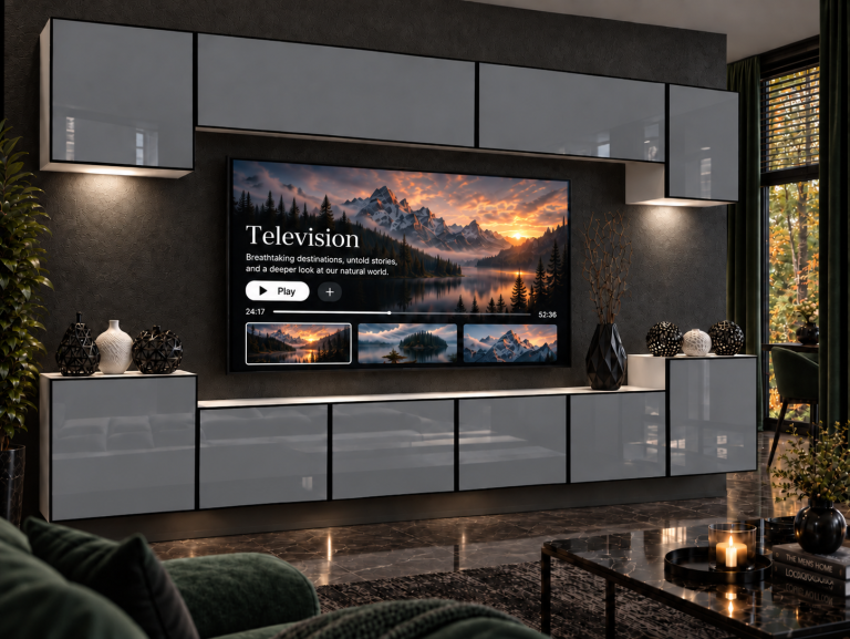 Meblościanka Linea 300 cm TV/RTV szara połysk Producent IMP L Hepburn 4/5/W/S/0/0