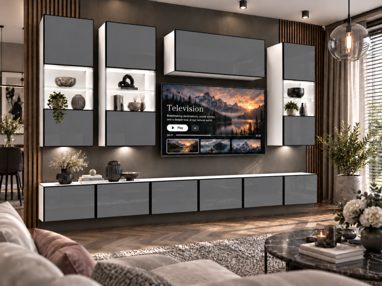 Composition murale Linea 300 cm TV/RTV grise brillante Fabricant IMP L Pacino 5/5/W/S/0/0