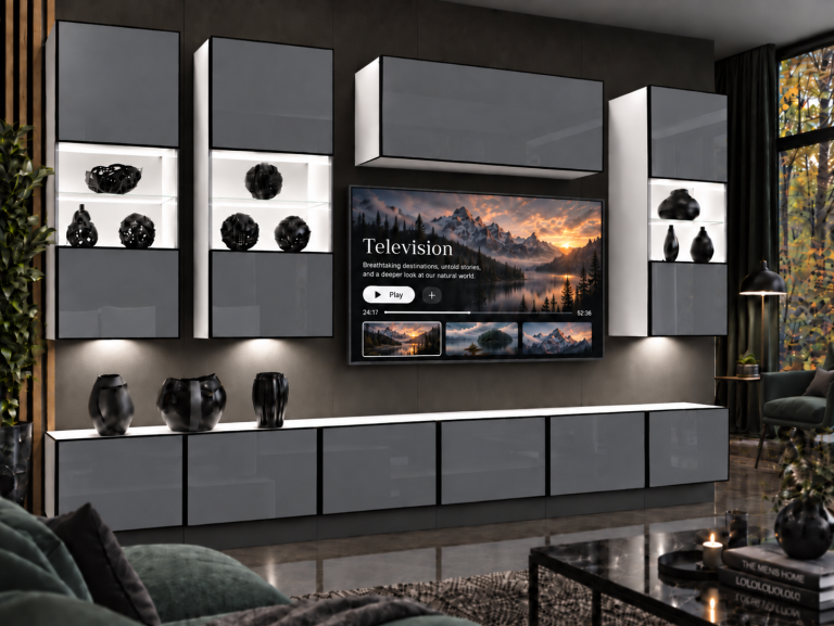 Composition murale Linea 300 cm TV/RTV grise brillante Fabricant IMP L Pacino 5/5/W/S/0/0