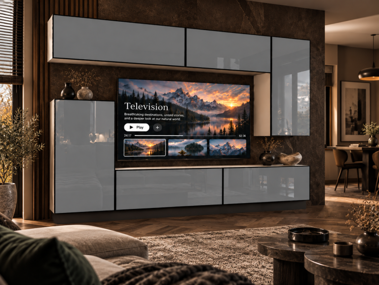 Composition murale Linea 250 cm TV/RTV grise brillante Fabricant IMP L Woody 8/5/W/S/0/0