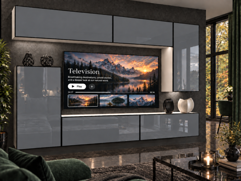 Composition murale Linea 250 cm TV/RTV grise brillante Fabricant IMP L Woody 8/5/W/S/0/0