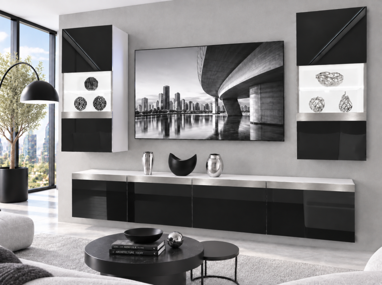 Composition murale Prestige 200 cm TV/RTV noire brillante Fabricant IMP P Keanu 7/5/W/B/0/0/SL