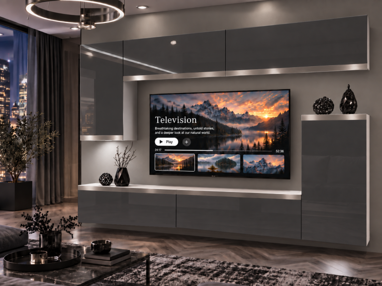 Composition murale Prestige 250 cm TV/RTV grise brillante Fabricant IMP P Woody 8/5/W/S/0/0/SL
