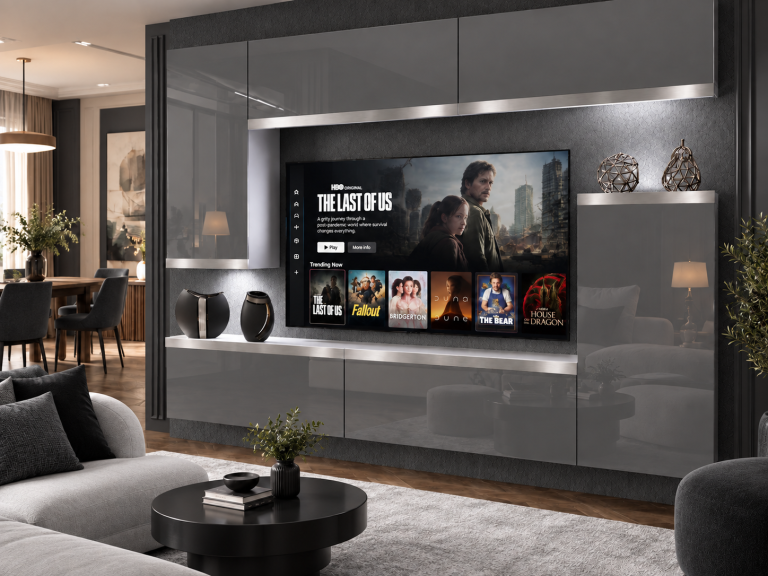 Composition murale Prestige 250 cm TV/RTV grise brillante Fabricant IMP P Woody 8/5/W/S/0/0/SL