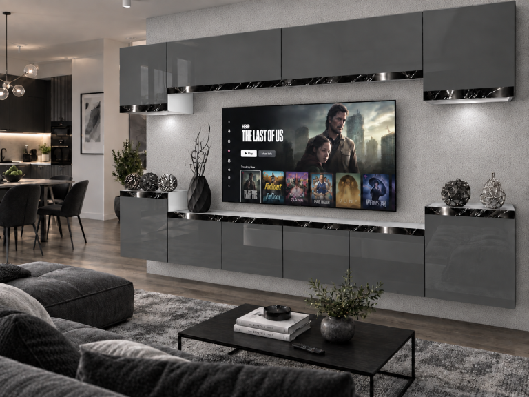 Meblościanka Prestige 300 cm TV/RTV szara połysk Producent IMP P Hepburn 4/5/W/S/0/0/CS