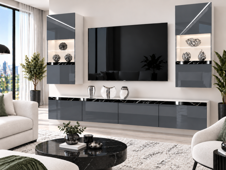 Composition murale Prestige 200 cm TV/RTV grise brillante Fabricant IMP P Keanu 7/5/W/S/0/0/CS