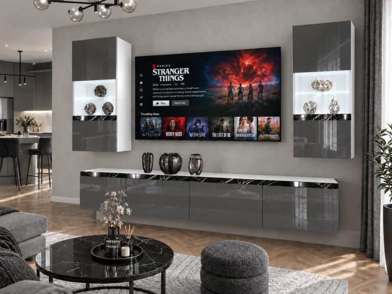 Composition murale Prestige 200 cm TV/RTV grise brillante Fabricant IMP P Keanu 7/5/W/S/0/0/CS