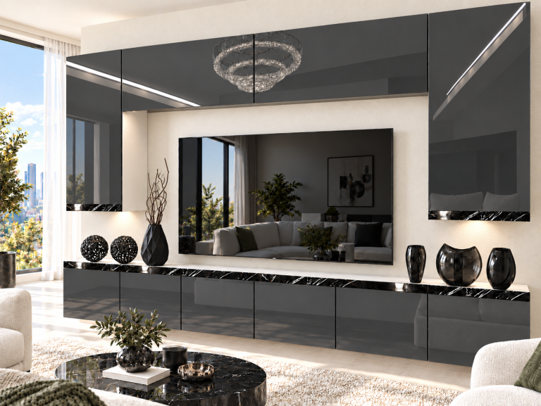 Composition murale Prestige 300 cm TV/RTV grise brillante Fabricant IMP P Monroe 2/5/W/S/0/0/CS
