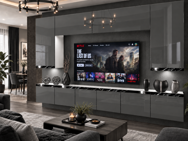 Composition murale Prestige 300 cm TV/RTV grise brillante Fabricant IMP P Monroe 2/5/W/S/0/0/CS