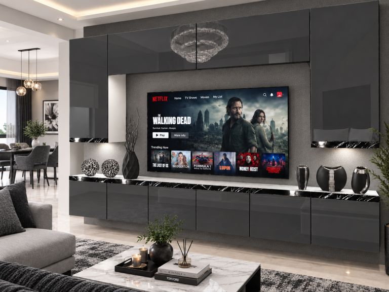 Composition murale Prestige 300 cm TV/RTV grise brillante Fabricant IMP P Monroe 2/5/W/S/0/0/CS