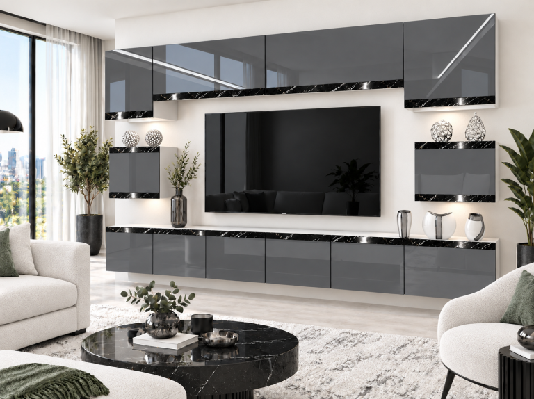 Composition murale Prestige 300 cm TV/RTV grise brillante Fabricant IMP P Tarantino 3/5/W/S/0/0/CS