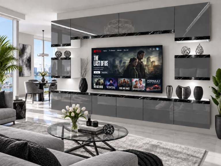 Composition murale Prestige 300 cm TV/RTV grise brillante Fabricant IMP P Tarantino 3/5/W/S/0/0/CS