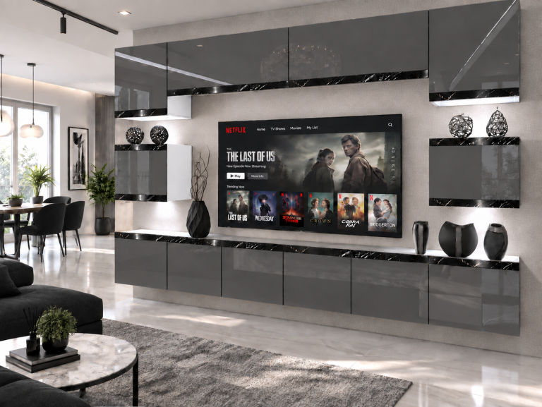 Composition murale Prestige 300 cm TV/RTV grise brillante Fabricant IMP P Tarantino 3/5/W/S/0/0/CS