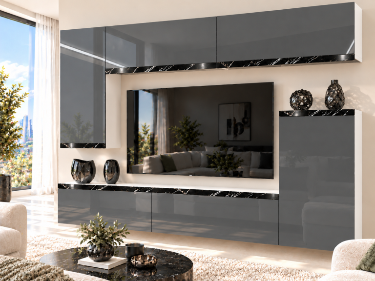 Composition murale Prestige 250 cm TV/RTV grise brillante Fabricant IMP P Woody 8/5/W/S/0/0/CS