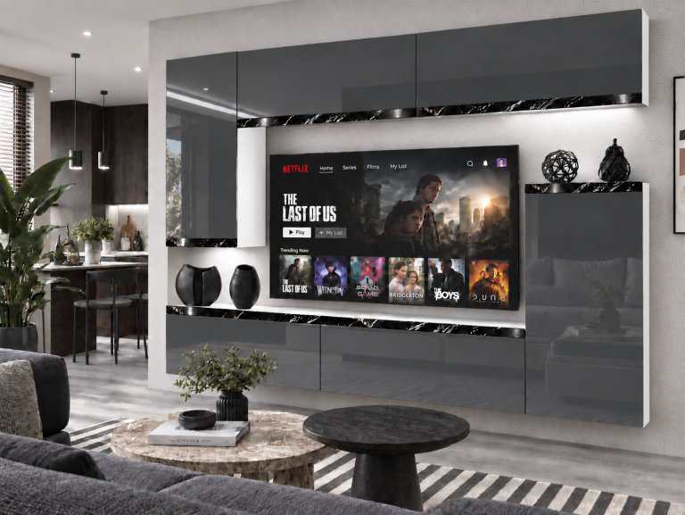 Composition murale Prestige 250 cm TV/RTV grise brillante Fabricant IMP P Woody 8/5/W/S/0/0/CS