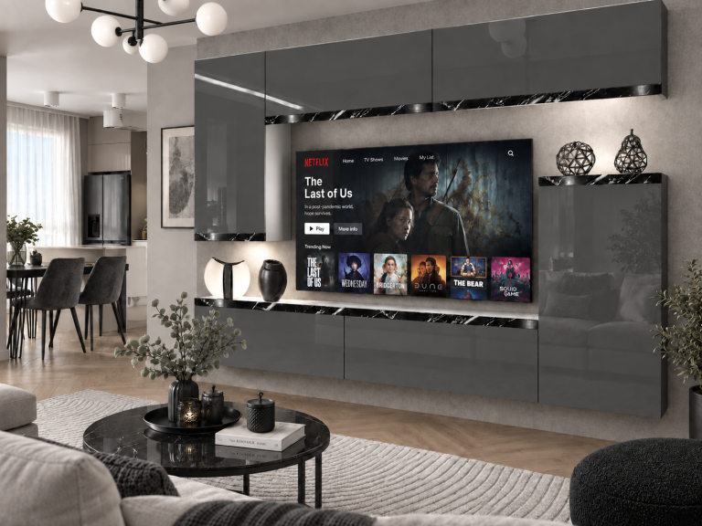 Composition murale Prestige 250 cm TV/RTV grise brillante Fabricant IMP P Woody 8/5/W/S/0/0/CS