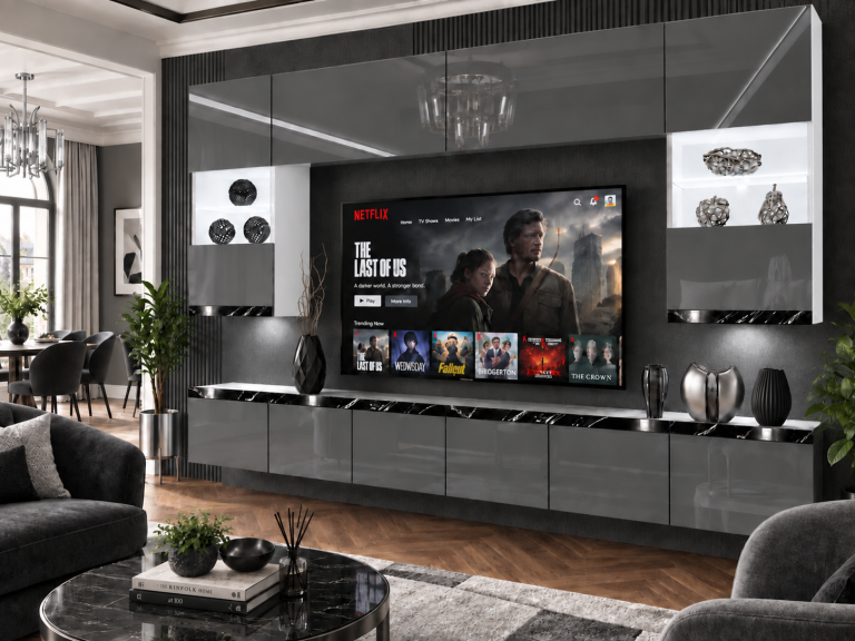 Meblościanka Prestige 300 cm TV/RTV szara połysk Producent IMP P1 Nolan 1/5/W/S/0/0/CS