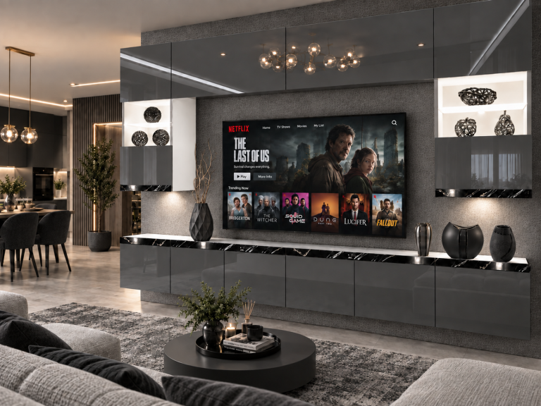 Meblościanka Prestige 300 cm TV/RTV szara połysk Producent IMP P1 Nolan 1/5/W/S/0/0/CS