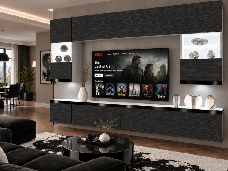 Meblościanka Prestige 300 cm TV/RTV czarna heban Producent IMP P1 Nolan 1/5/W/HK/0/0/CP