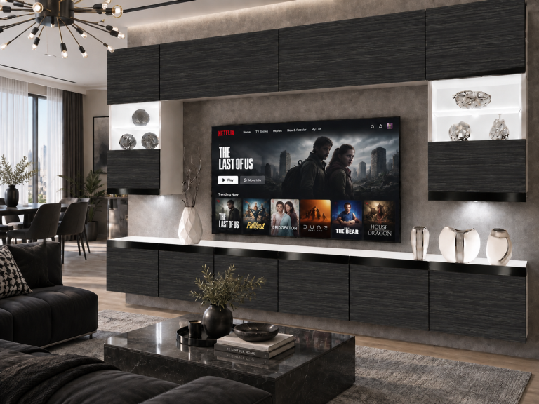 Meblościanka Prestige 300 cm TV/RTV czarna heban Producent IMP P1 Nolan 1/5/W/HK/0/0/CP