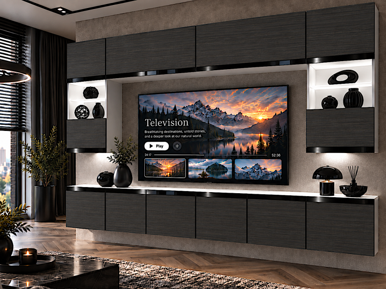 Meblościanka Prestige 300 cm TV/RTV czarna heban Producent IMP P2 Nolan 1/5/W/HK/0/0/CP