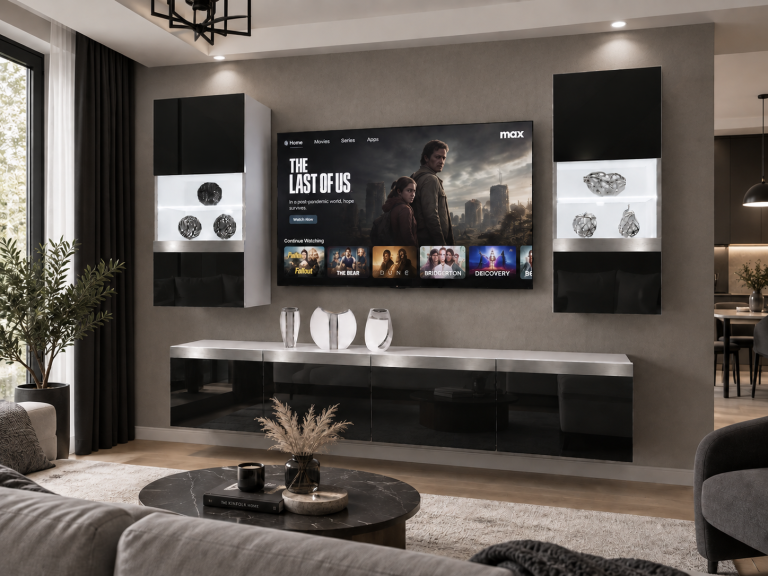 Composition murale Prestige 200 cm TV/RTV noire brillante Fabricant IMP P Keanu 7/5/W/B/0/0/SL