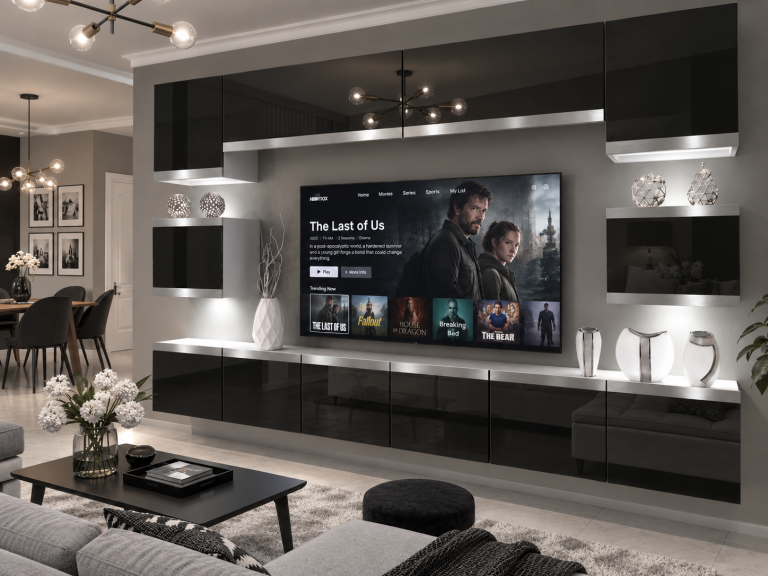 Meblościanka Prestige 300 cm TV/RTV czarna połysk Producent IMP P Tarantino 3/5/W/B/0/0/SL