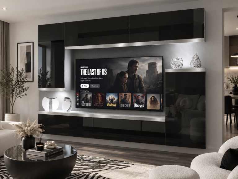 Composition murale Prestige 250 cm TV/RTV noire brillante Fabricant IMP P Woody 8/5/W/B/0/0/SL