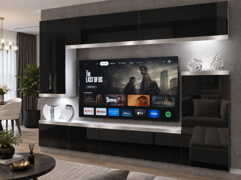Composition murale Prestige 250 cm TV/RTV noire brillante Fabricant IMP P Woody 8/5/W/B/0/0/SL