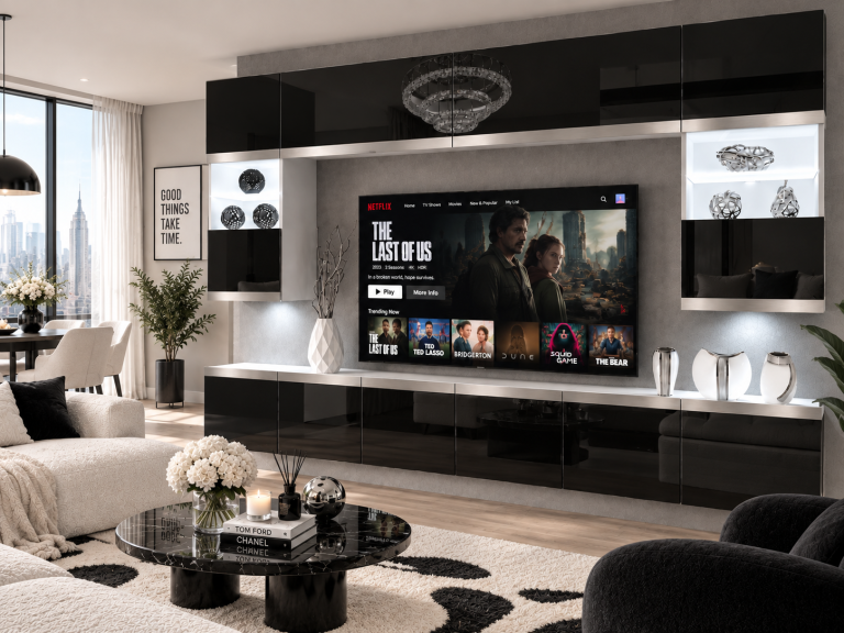 Composition murale Prestige 300 cm TV/RTV noire brillante Fabricant IMP P2 Nolan 1/5/W/B/0/0/SL
