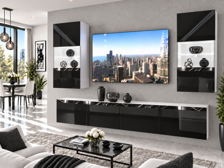 Composition murale Prestige 200 cm TV/RTV noire brillante Fabricant IMP P Keanu 7/5/W/B/0/0/CS