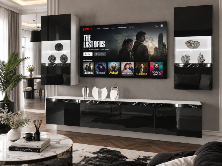 Composition murale Prestige 200 cm TV/RTV noire brillante Fabricant IMP P Keanu 7/5/W/B/0/0/CS