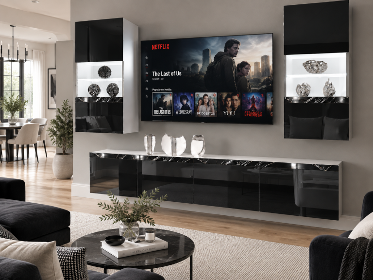 Composition murale Prestige 200 cm TV/RTV noire brillante Fabricant IMP P Keanu 7/5/W/B/0/0/CS