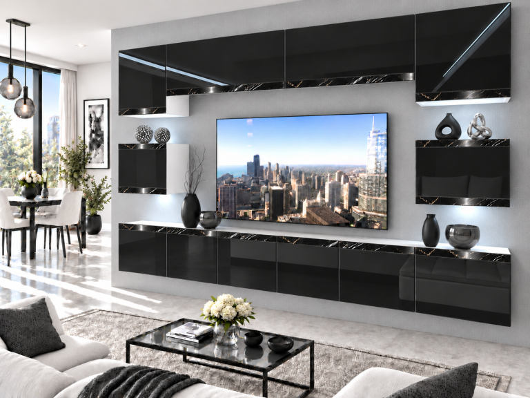 Composition murale Prestige 300 cm TV/RTV noire brillante Fabricant IMP P Tarantino 3/5/W/B/0/0/CS