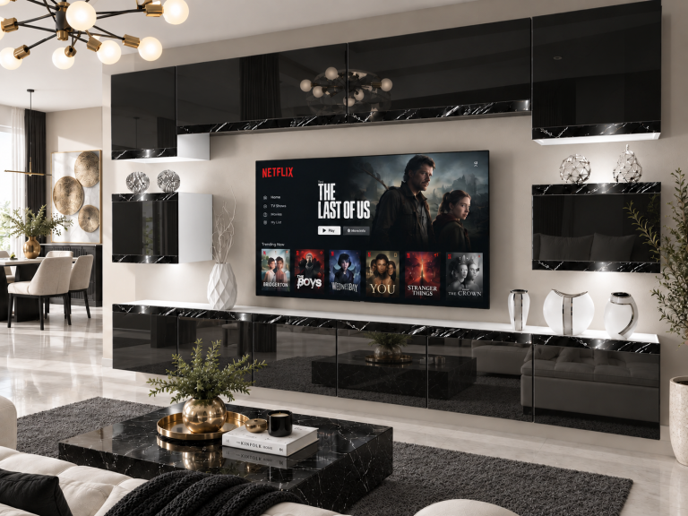 Composition murale Prestige 300 cm TV/RTV noire brillante Fabricant IMP P Tarantino 3/5/W/B/0/0/CS