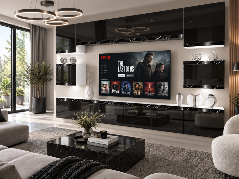 Composition murale Prestige 300 cm TV/RTV noire brillante Fabricant IMP P Tarantino 3/5/W/B/0/0/CS