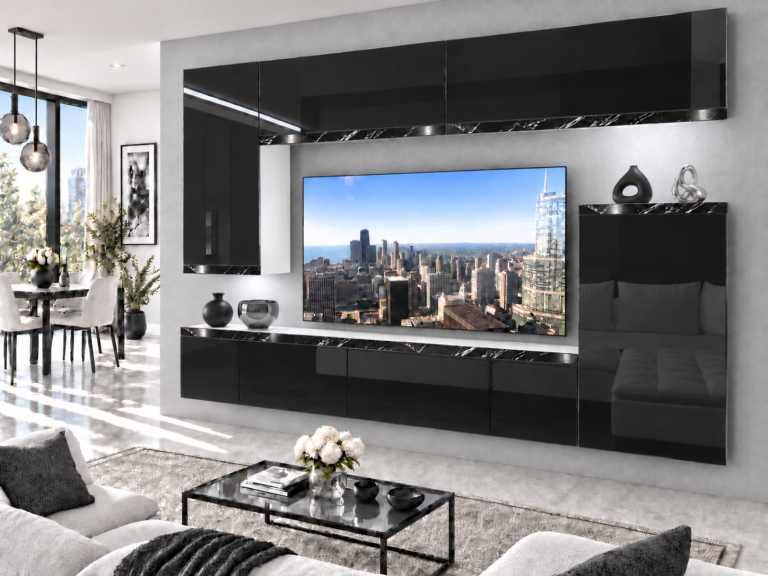 Composition murale Prestige 250 cm TV/RTV noire brillante Fabricant IMP P Woody 8/5/W/B/0/0/CS