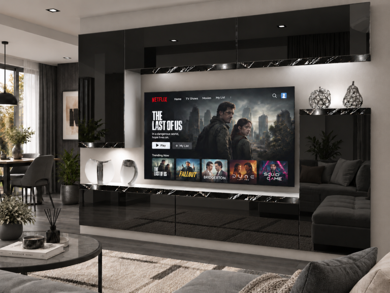 Composition murale Prestige 250 cm TV/RTV noire brillante Fabricant IMP P Woody 8/5/W/B/0/0/CS