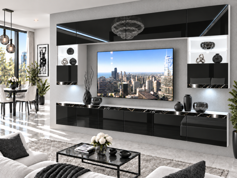 Composition murale Prestige 300 cm TV/RTV noire brillante Fabricant IMP P1 Nolan 1/5/W/B/0/0/CS