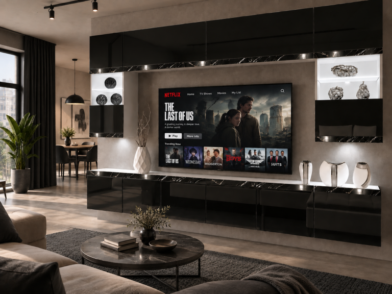 Meblościanka Prestige 300 cm TV/RTVczarna połysk Producent IMP P2 Nolan 1/5/W/B/0/0/CS