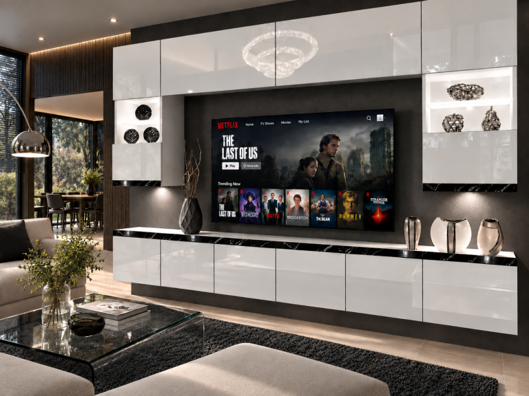 Meblościanka Prestige 300 cm TV/RTV biała połysk Producent IMP P1 Nolan 1/5/W/W/0/0/CS
