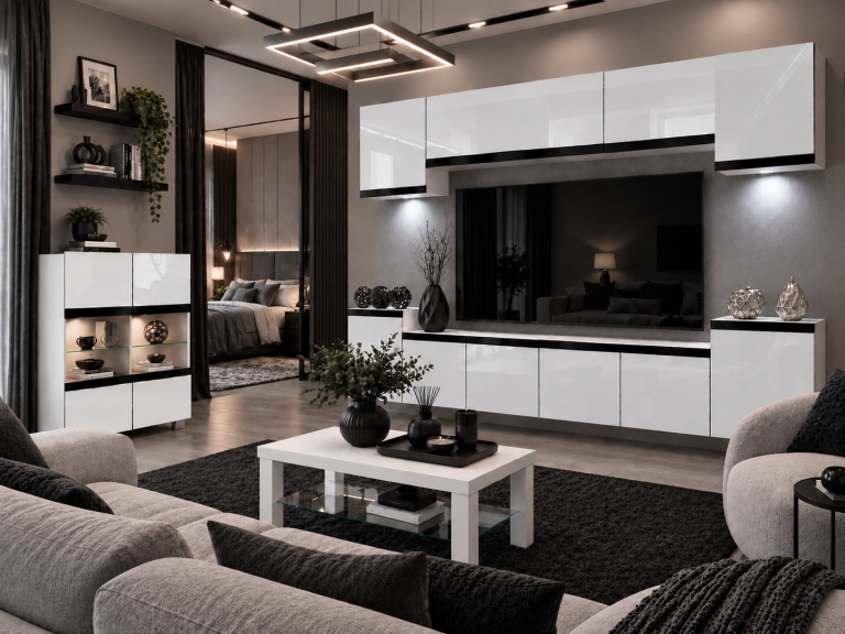 Composition murale Prestige 300 cm TV/RTV blanche brillante Fabricant IMP P Hepburn 4/5/W/W/0/0/CM