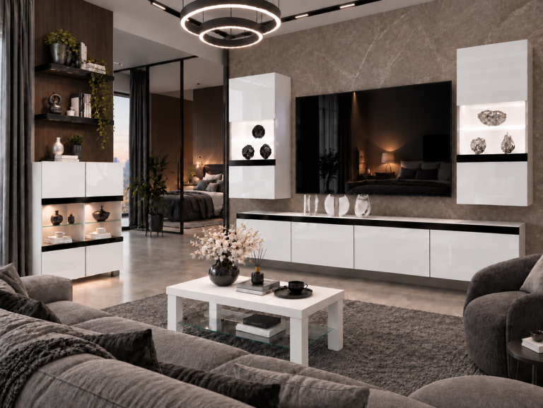 Composition murale Prestige 200 cm TV/RTV blanche brillante Fabricant IMP P Keanu 7/5/W/W/0/0/CM
