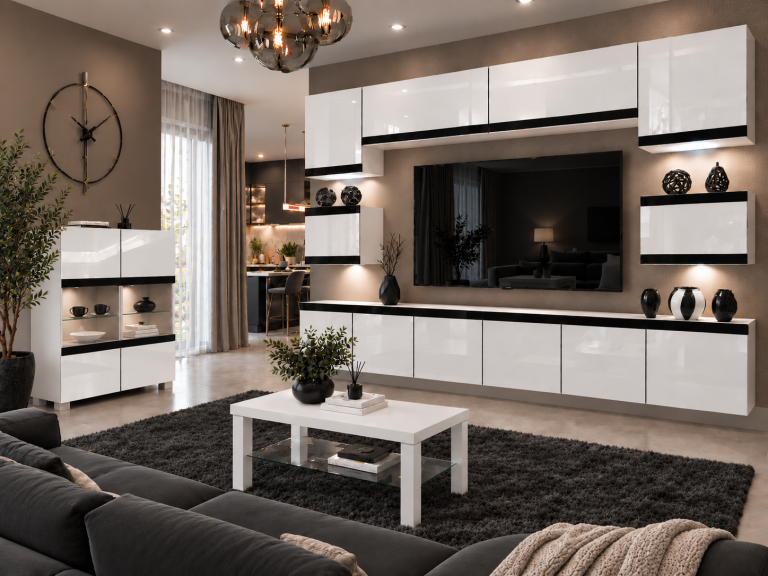 Composition murale Prestige 300 cm TV/RTV blanche brillante Fabricant IMP P Tarantino 3/5/W/W/0/0/CM