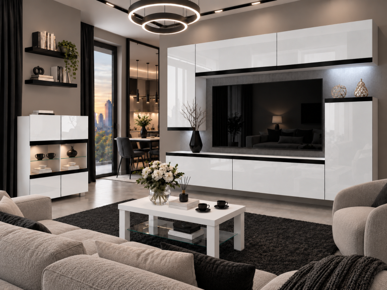 Composition murale Prestige 250 cm TV/RTV blanche brillante Fabricant IMP P Woody 8/5/W/W/0/0/CM