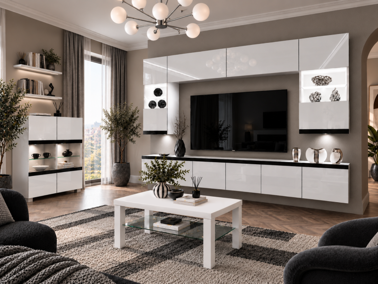 Meblościanka Prestige 300 cm TV/RTV biała połysk Producent IMP P1 Nolan 1/5/W/W/0/0/CM