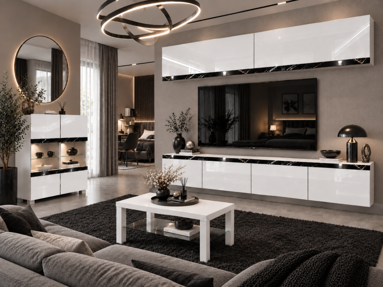 Composition murale Prestige 200 cm TV/RTV blanche brillante Fabricant IMP P Brando 6/5/W/W/0/0/CS