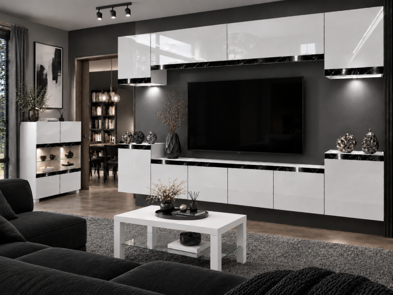 Composition murale Prestige 300 cm TV/RTV blanche brillante Fabricant IMP P Hepburn 4/5/W/W/0/0/CS