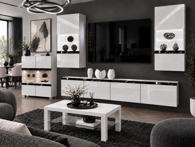 Composition murale Prestige 200 cm TV/RTV blanche brillante Fabricant IMP P Keanu 7/5/W/W/0/0/CS