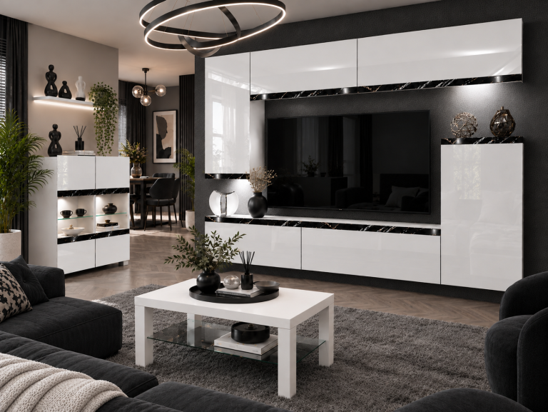 Composition murale Prestige 250 cm TV/RTV blanche brillante Fabricant IMP P Woody 8/5/W/W/0/0/CS